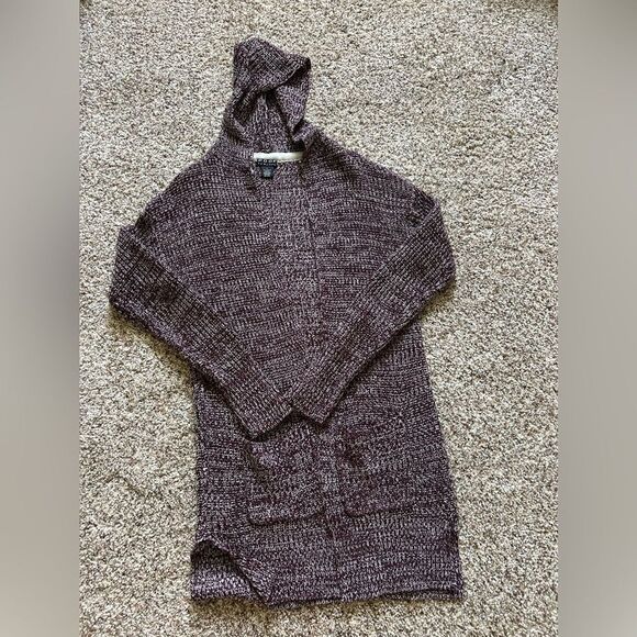 Poof! New York Women’s Maroon Knit Open Front Hooded Sweater Cardigan Size Large - Picture 5 of 9